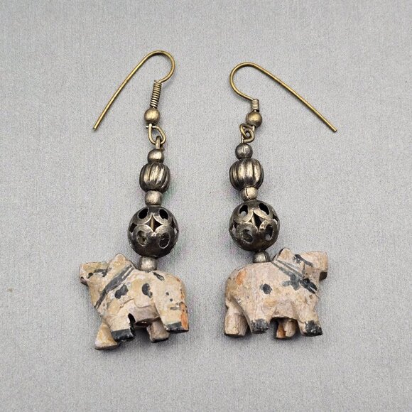 VTG Elephant Dangle Earrings 2.25" Carved Wood & Antique-Style Silver Beads - Picture 3 of 11